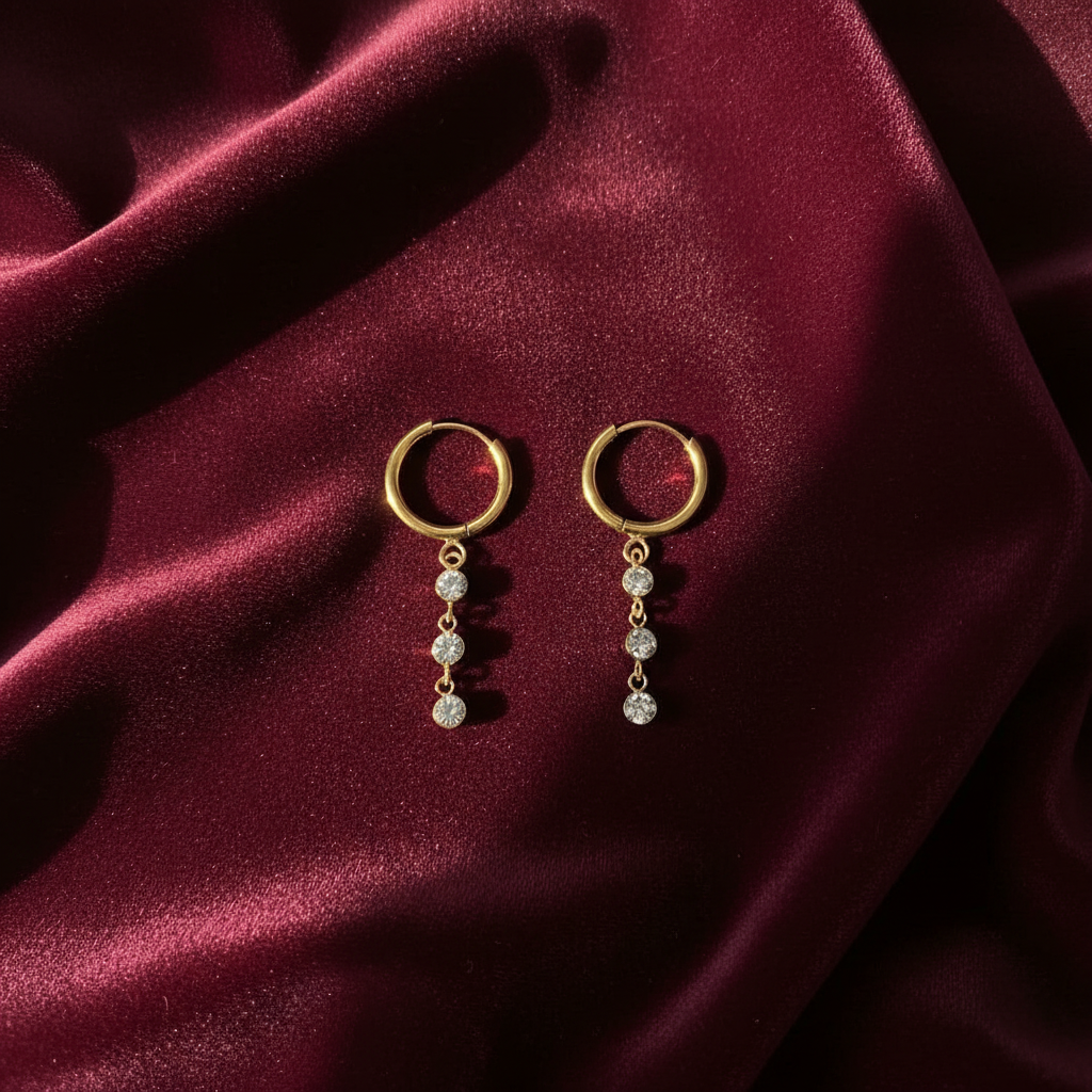 18K Gold Plated Hoop Earrings with Clear Gemstone Dangles