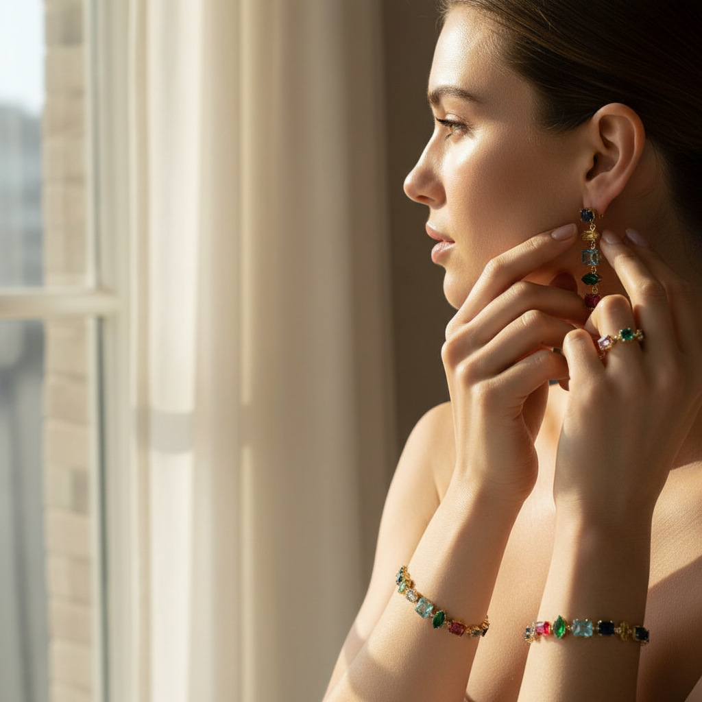 18K Gold-Plated Multicolor Geometric Gemstone Earrings