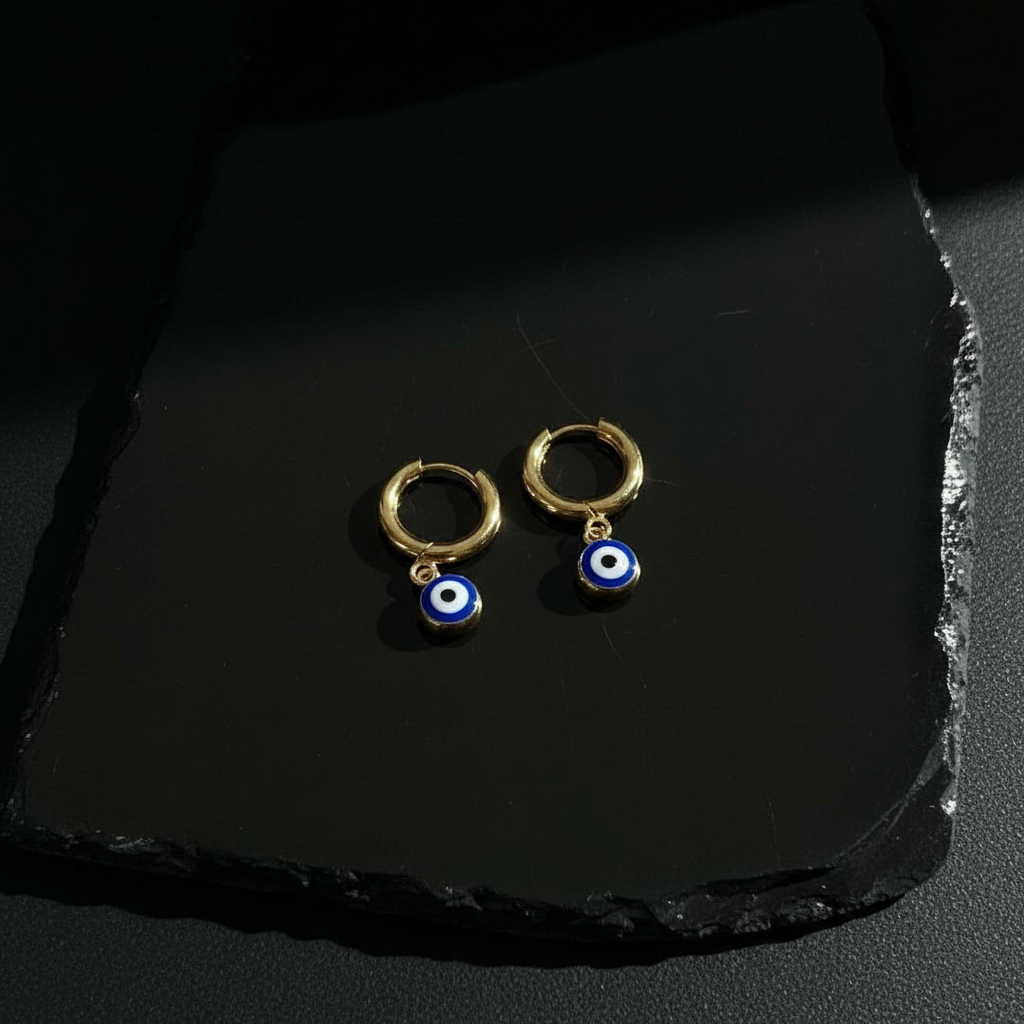 18K Gold Plated Hoop Earrings with Blue Eye Charm