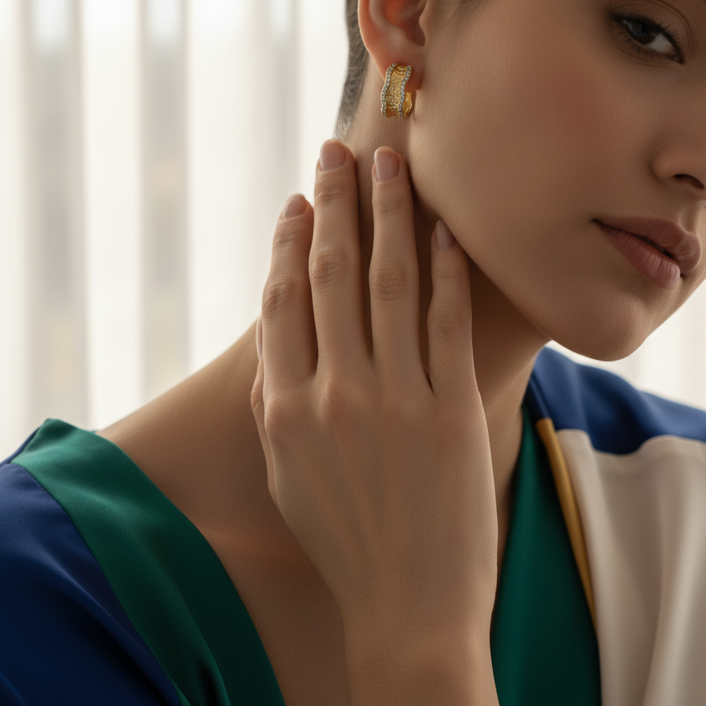 18K Gold Plated Wave-Textured Hoop Earrings with Gemstone Accents