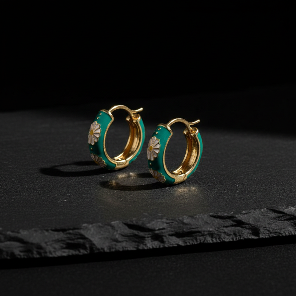 18K Gold-Plated Green Enamel Hoop Earrings with Daisy Motif