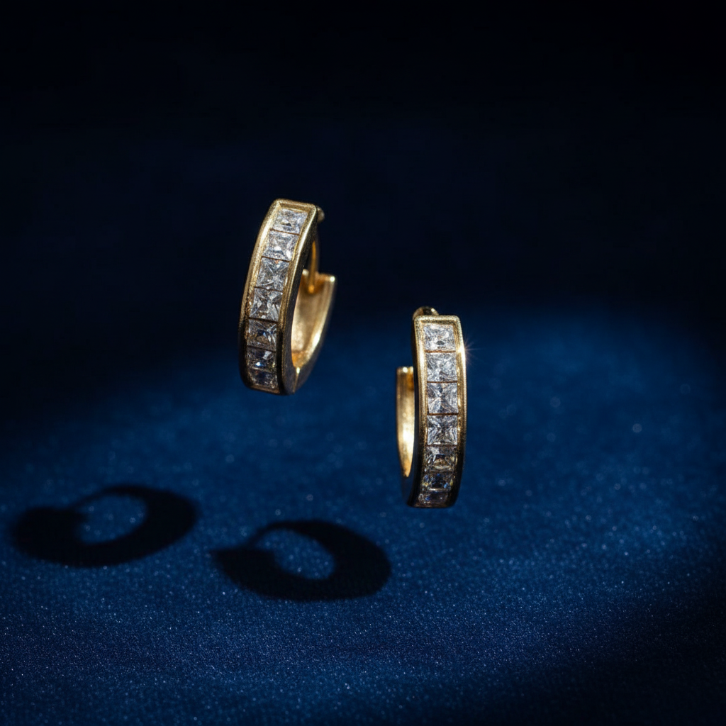 18K Gold-Plated Hoop Earrings with Square-Cut Clear Stones
