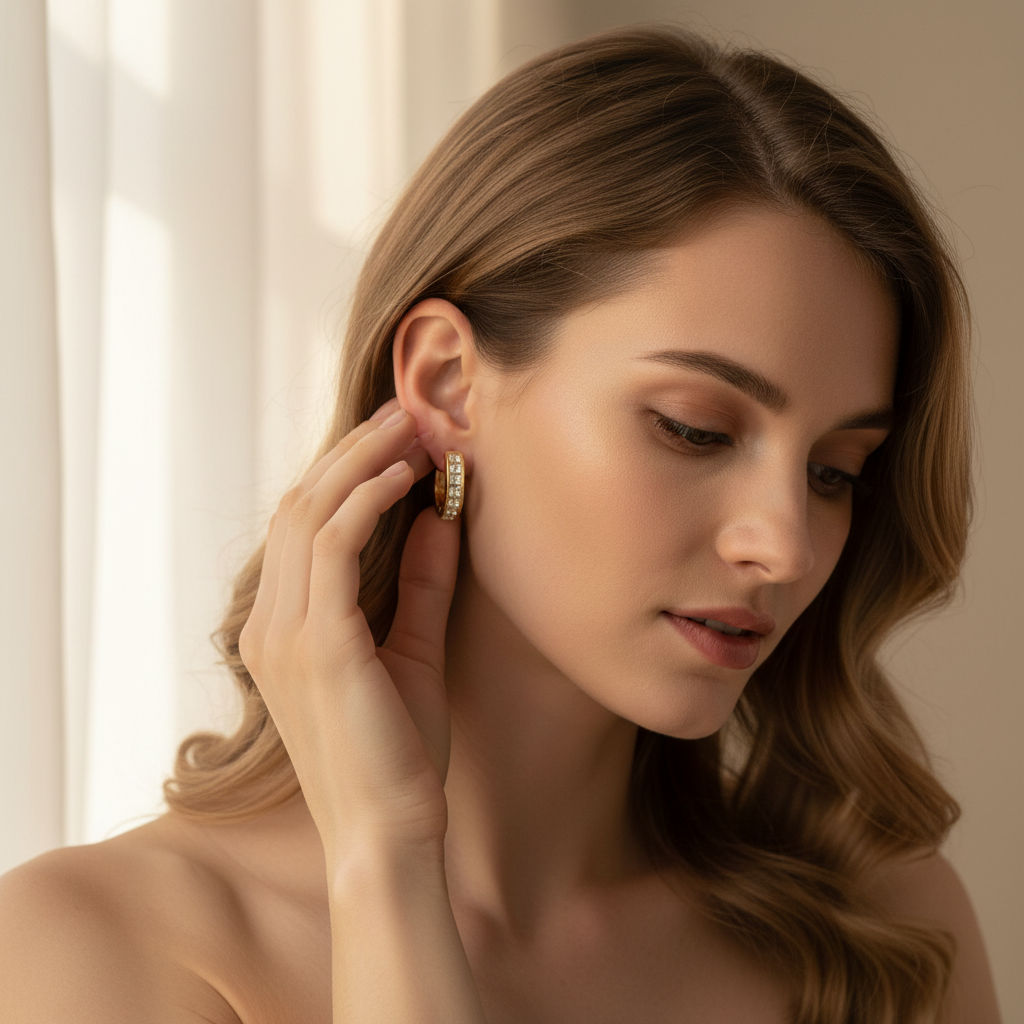 18K Gold-Plated Hoop Earrings with Square-Cut Clear Stones