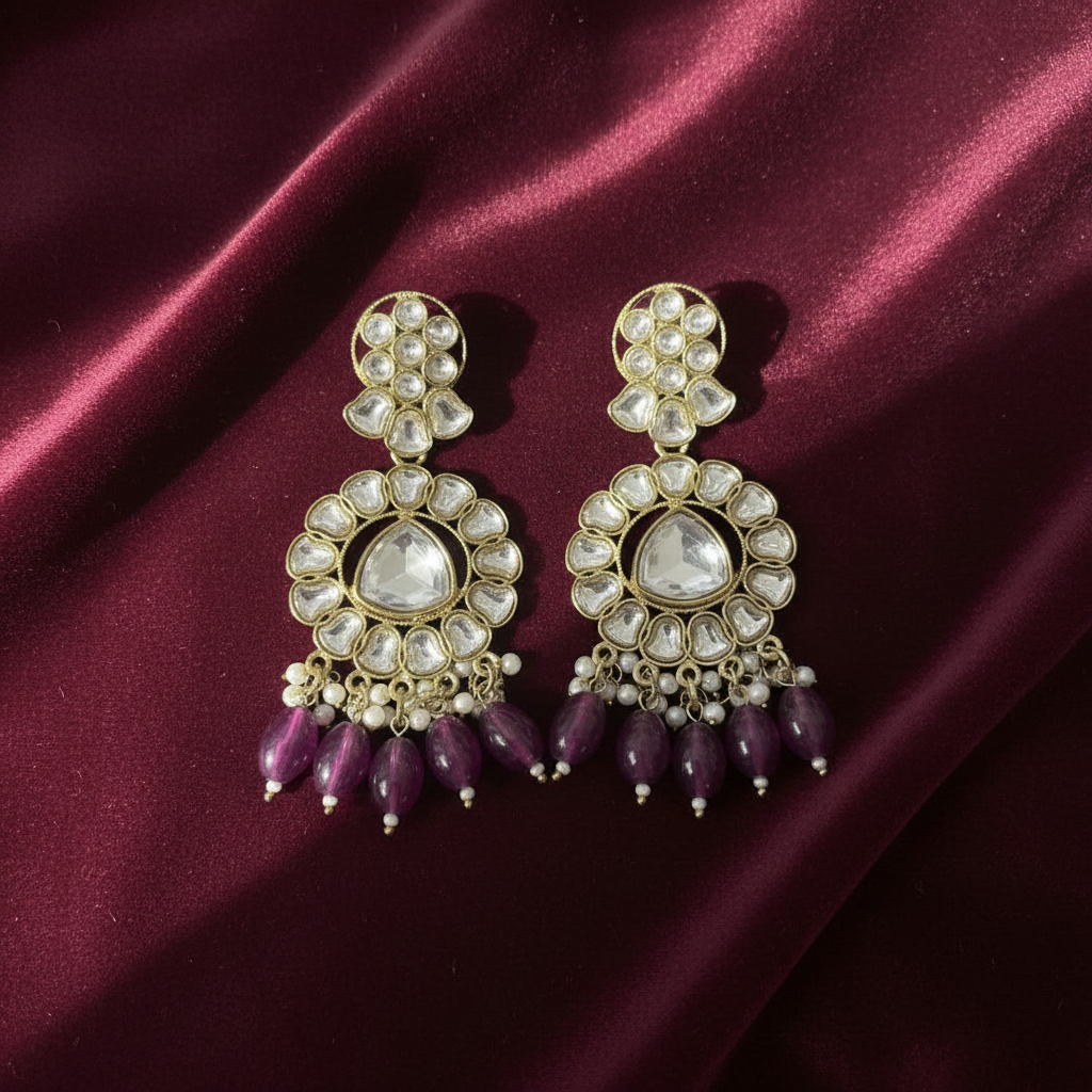18K Gold-Plated Kundan Chandbali Earrings with Amethyst Teardrop Beads