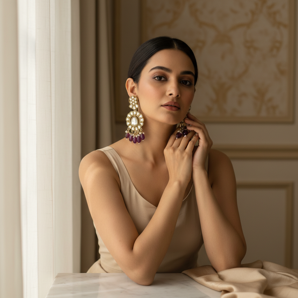 18K Gold-Plated Kundan Chandbali Earrings with Amethyst Teardrop Beads
