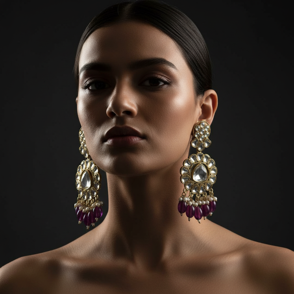 18K Gold-Plated Kundan Chandbali Earrings with Amethyst Teardrop Beads