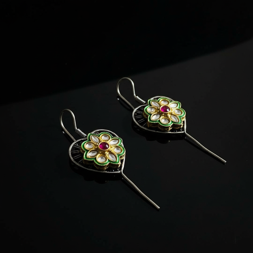 18K Gold Plated Heart-Shaped Floral Enamel Earrings
