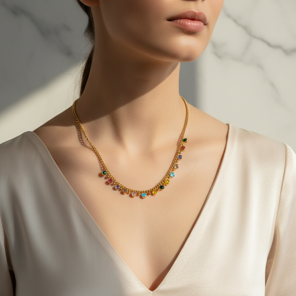 18K Gold Plated Multi-Colored Gemstone Necklace