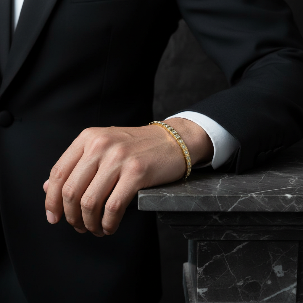 18K Gold Plated Square Link Bracelet with Clear Stones