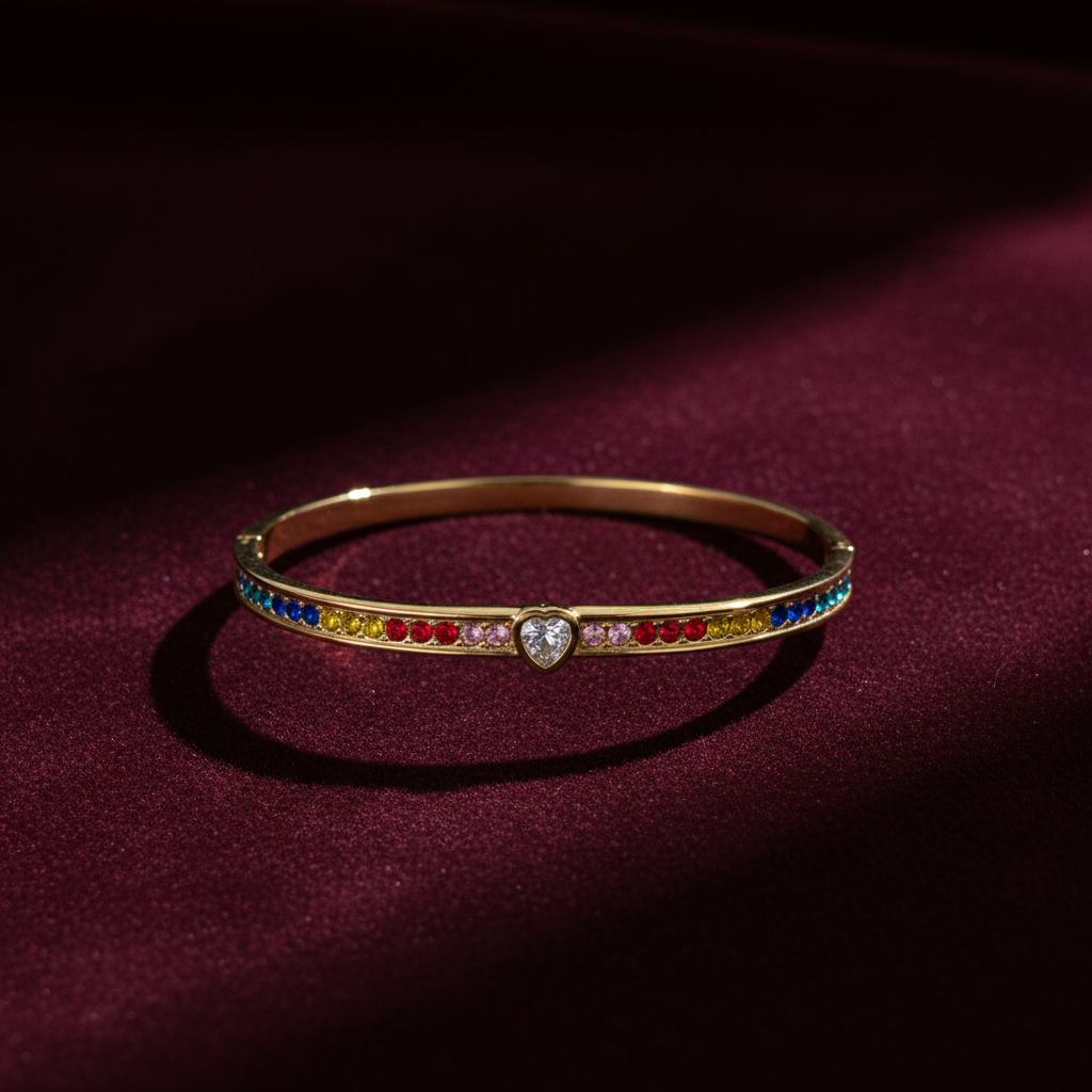 18K Gold-Plated Multicolor Gemstone Bracelet with Heart-Shaped Centerpiece
