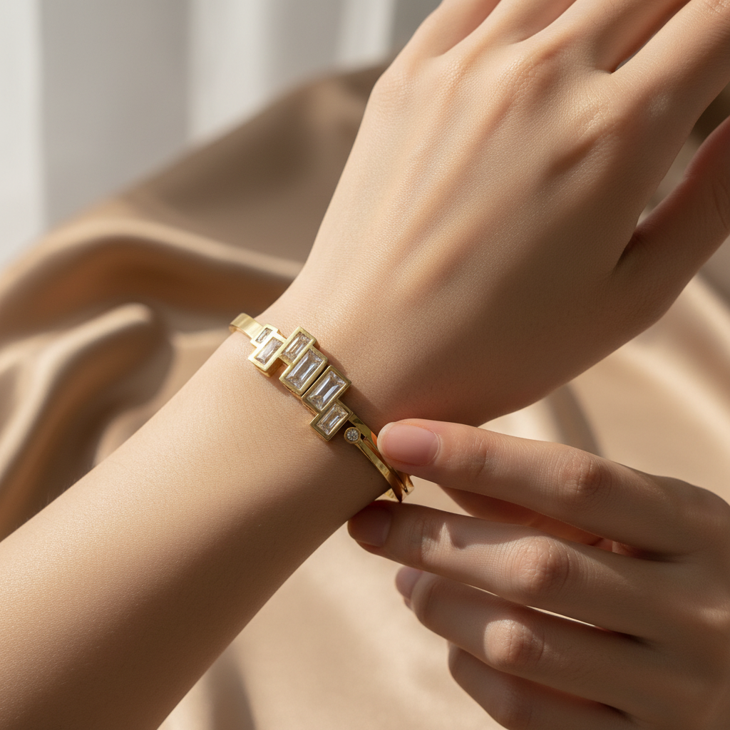 18K Gold-Plated Rectangular Gemstone Bracelet