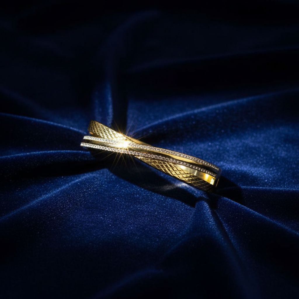 18K Gold Plated Twisted Textured Bangle with Sparkling Stones