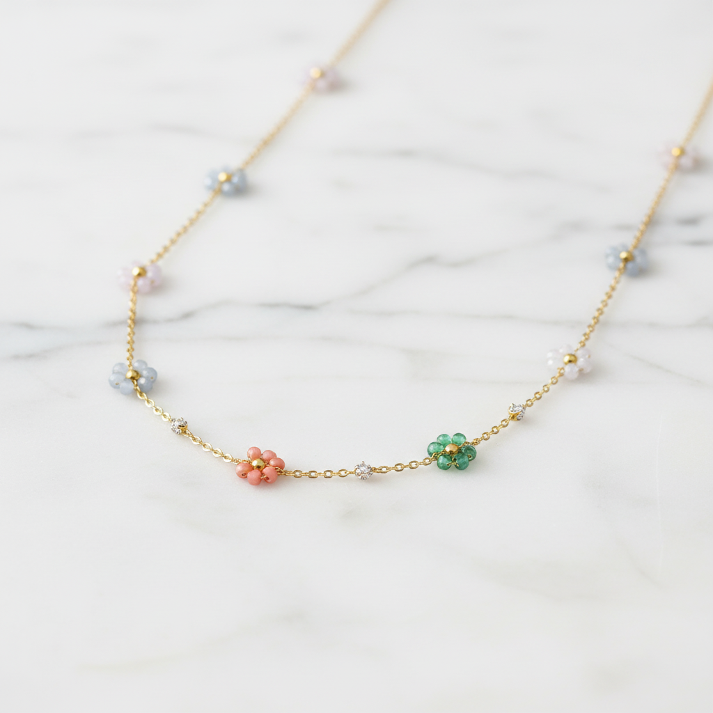 [1] 18K Gold-Plated Pastel Floral Cluster Necklace