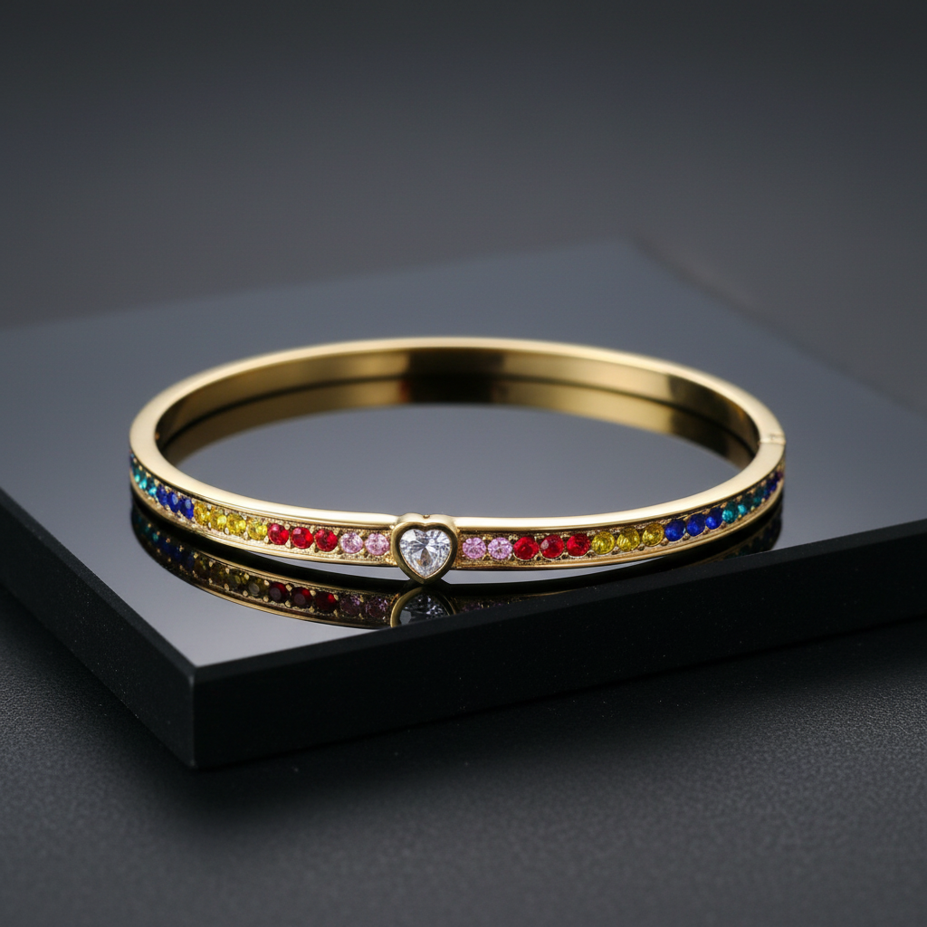 [1] 18K Gold-Plated Multicolor Gemstone Bracelet with Heart-Shaped Centerpiece