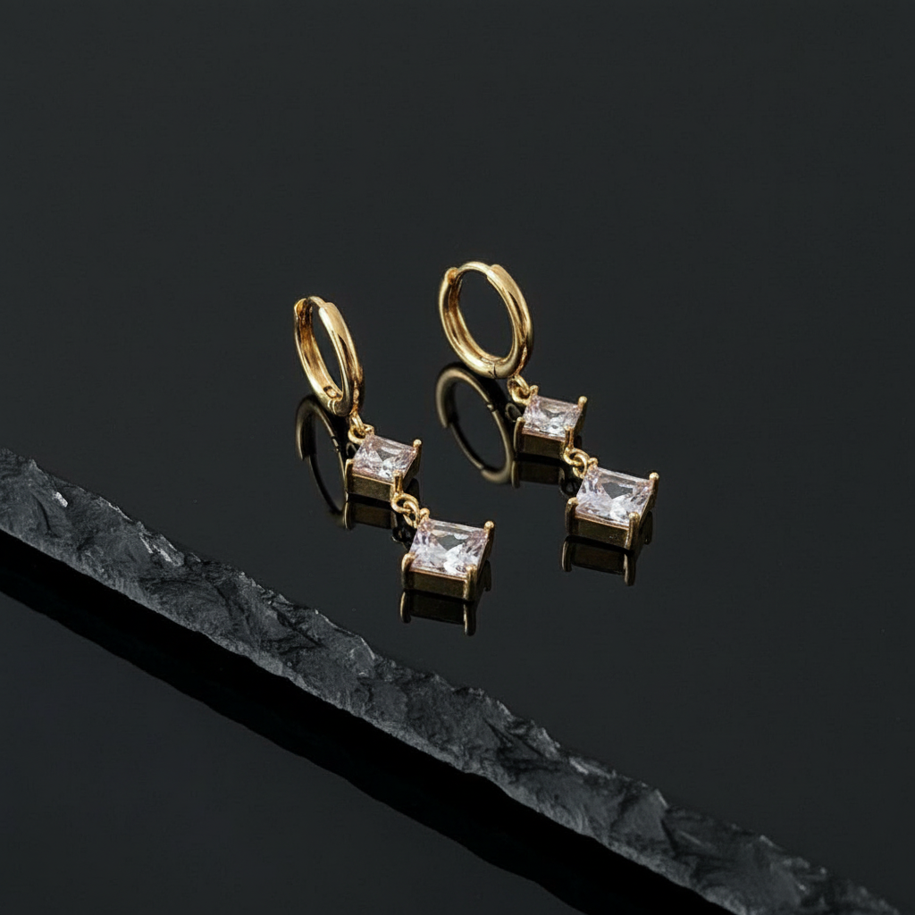 [1] 18K Gold-Plated Hoop Earrings with Square-Cut Clear Stones