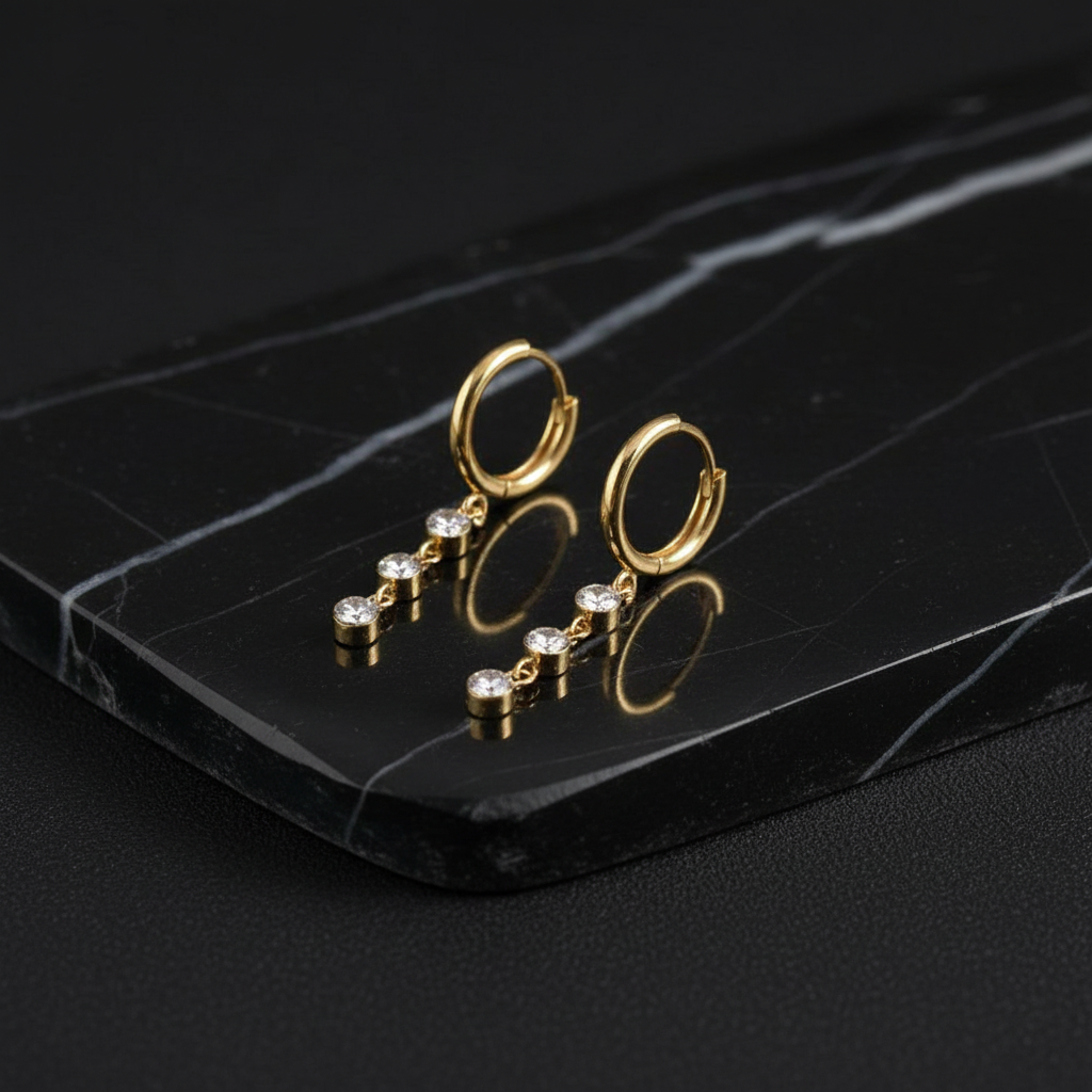 [1] 18K Gold Plated Hoop Earrings with Clear Gemstone Dangles