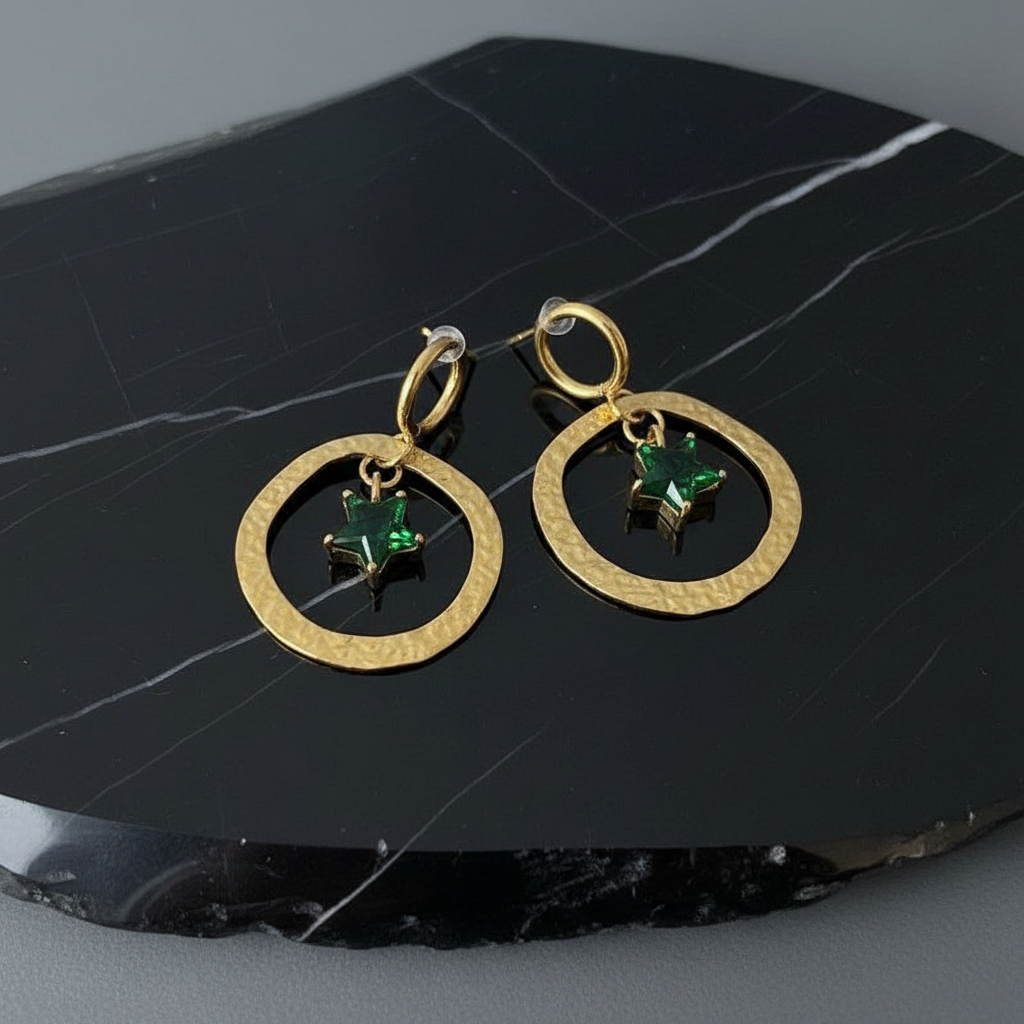 [1] 18K Gold Plated Hammered Star Drop Earrings