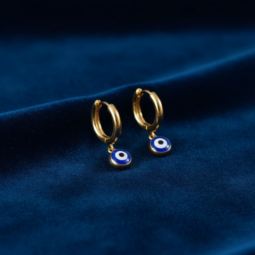 [1] 18K Gold Plated Hoop Earrings with Blue Eye Charm