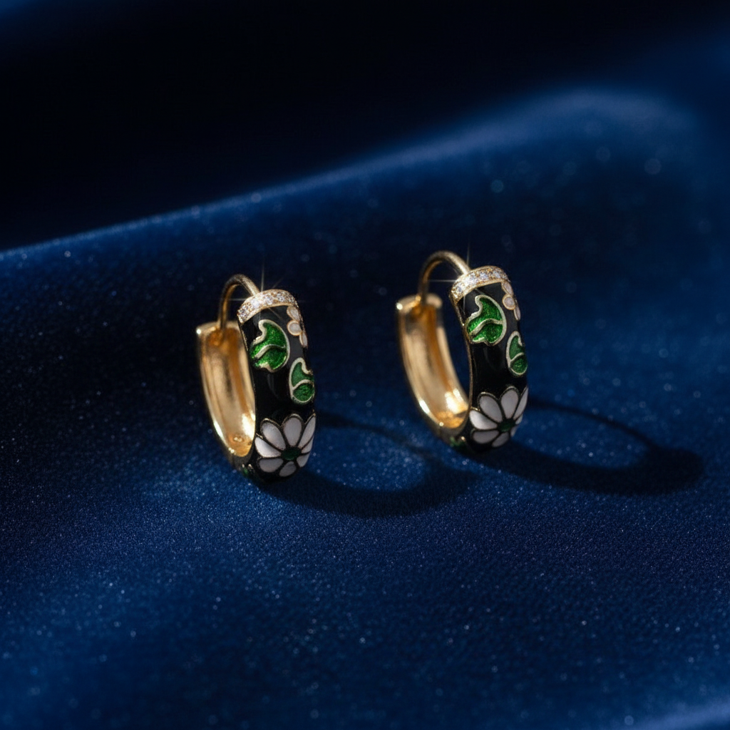 [1] 18K Gold Plated Enamel Floral Hoop Earrings