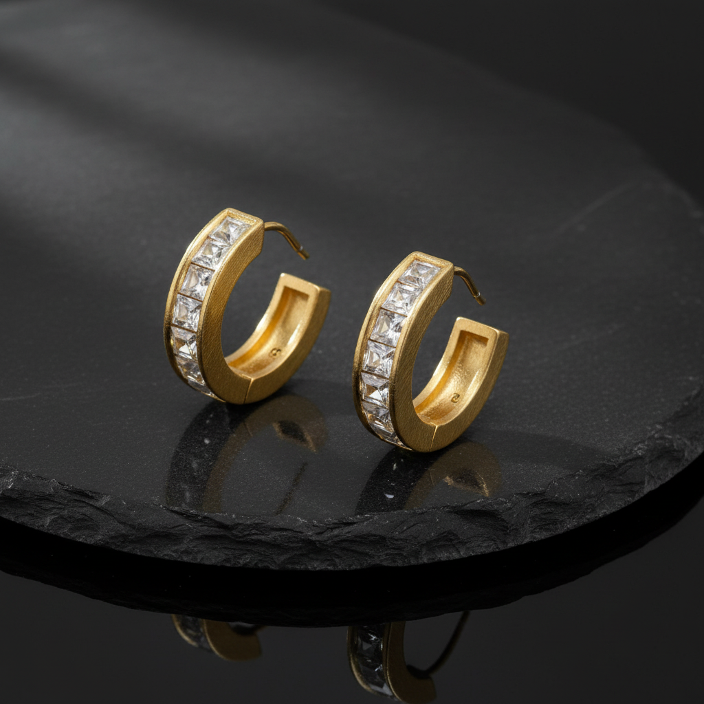 [1] 18K Gold-Plated Hoop Earrings with Square-Cut Clear Stones