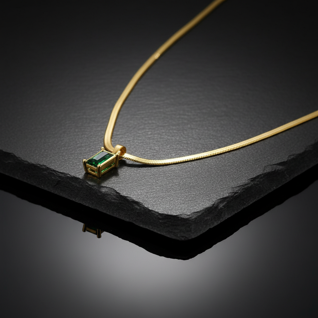 [1] 18K Gold Plated Necklace with Emerald Green Rectangular Gemstone Pendant